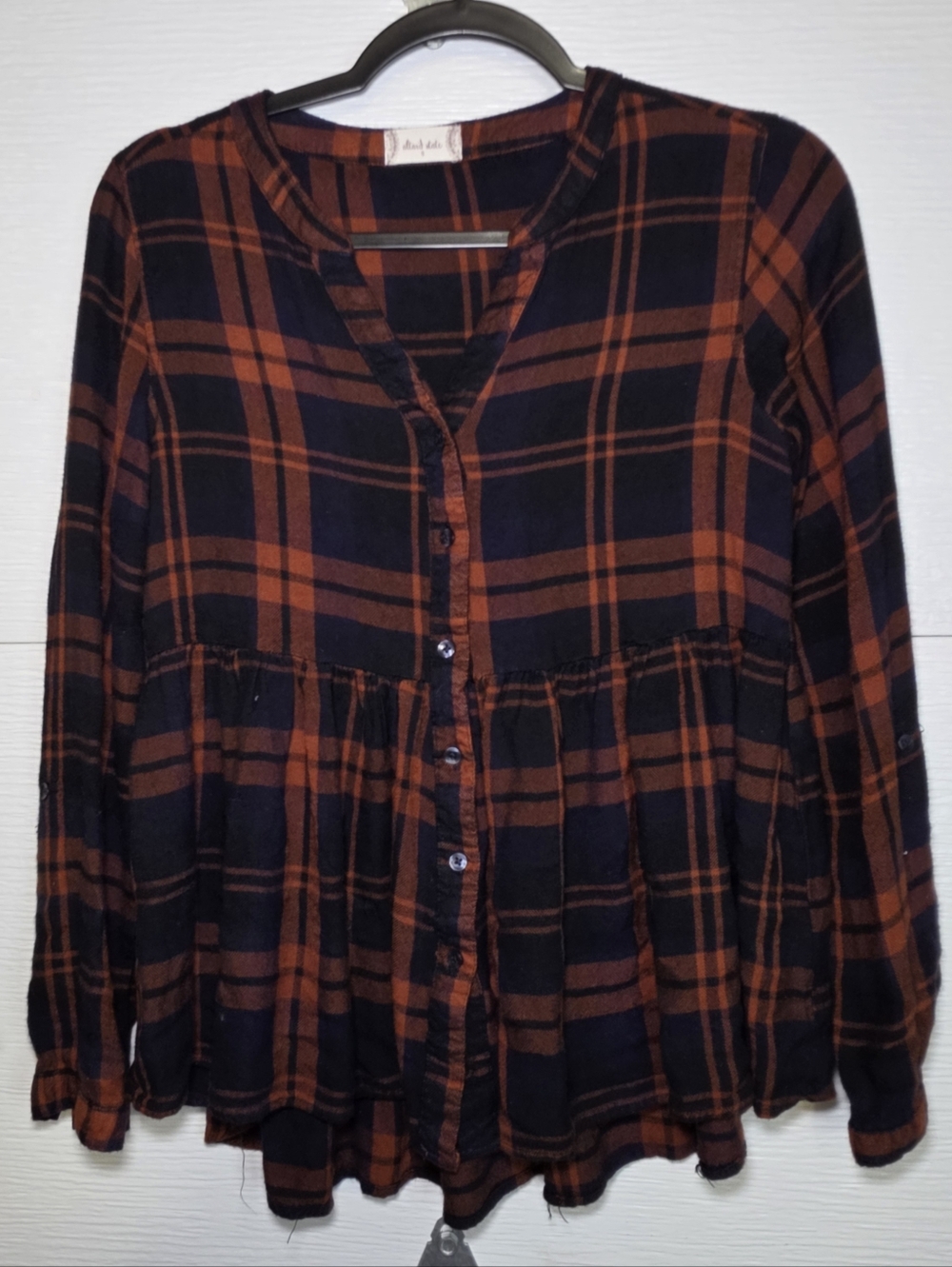 Altar'd State Black and Rust Plaid Peplum Button-Front Blouse